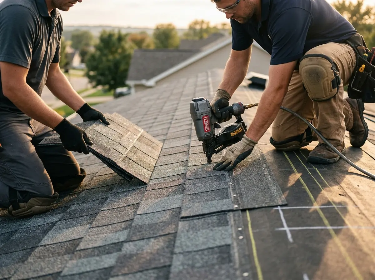 Professional roofer working on a residential roof in Stafford